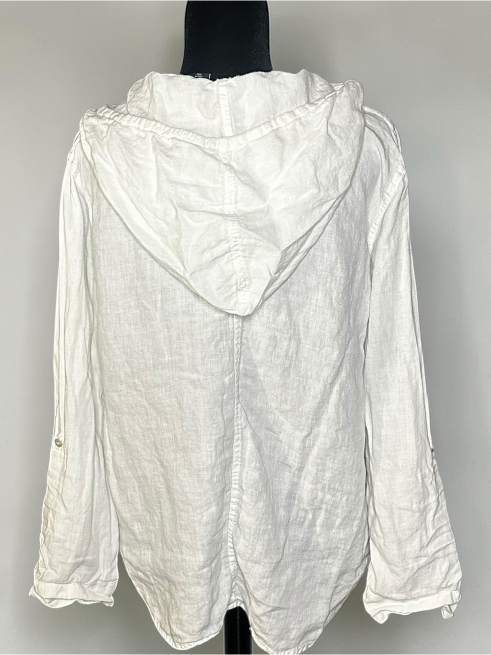 Tahari 100% Linen Hooded Henley Tunic Top Women’s M White Kangaroo Pocket - Picture 2 of 7